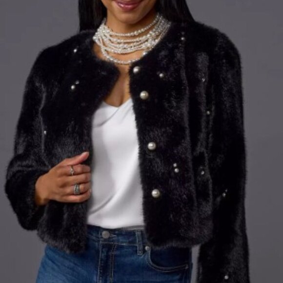 Boston Proper Jackets & Blazers - Boston Proper Pearl Embellished Faux Fur Collarless Chubby NWOT